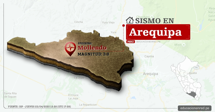 Temblor en Arequipa de Magnitud 3.9 (Hoy Jueves 23 Abril 2020) Sismo - Epicentro - Mollendo - Islay - IGP - www.igp.gob.pe Temblor en Arequipa de Magnitud 3.9 (Hoy Jueves 23 Abril 2020) Sismo - Epicentro - Mollendo - Islay - IGP - www.igp.gob.pe