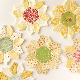 EPP Dahlia blocks - made with Playing with Paper starter set 43 from Sue Daley Designs.  Blocks made by Andy of A Bright Corner