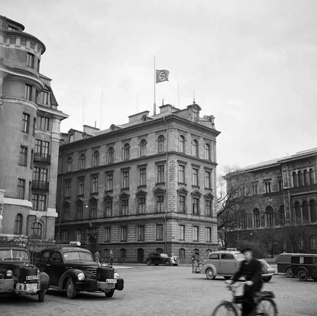 The German embassy in Sweden flying the flag at half mast the day Hitler died (April 30th 1945).