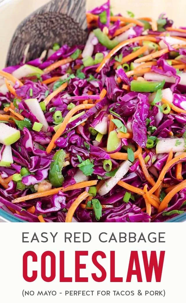 A crunchy & refreshing red cabbage coleslaw mixed with carrot, apple, jalapeno, cilantro & green onion then tossed in a tangy & slightly sweet apple cider vinegar dressing. No mayo in this recipe! Use this easy & healthy slaw as a topping for fish tacos or pulled pork sandwiches or serve it as a simple side dish with a heartier main course. (gluten-free, dairy-free, vegan & paleo)