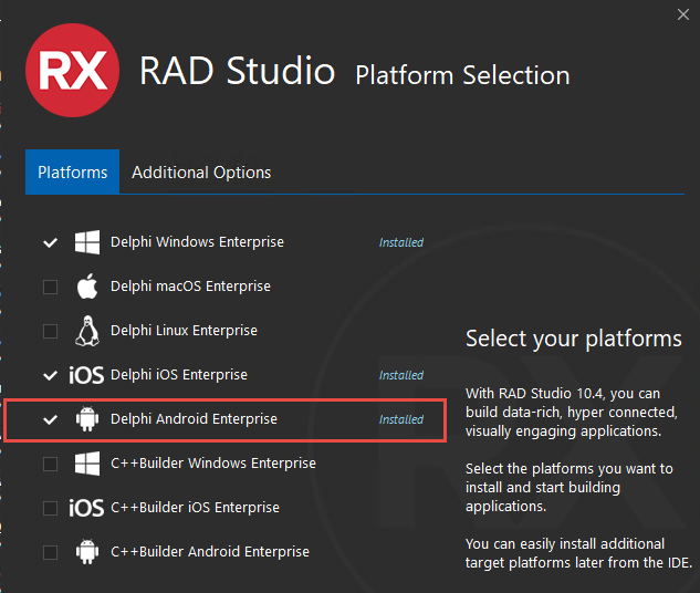 RAD Studio Platform Selection