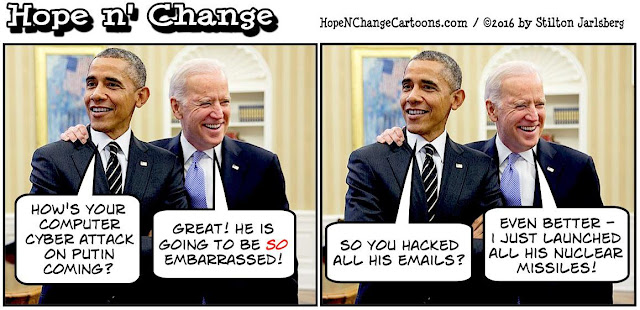 obama, obama jokes, political, humor, cartoon, conservative, hope n' change, hope and change, stilton jarlsberg, wikileaks, biden, cyber, attack, russia