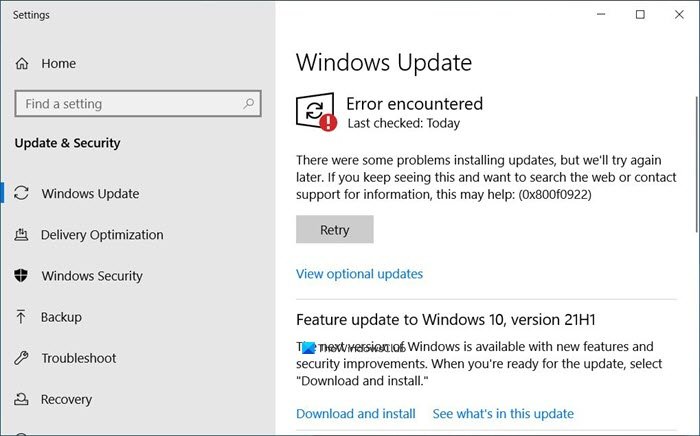 Errore di aggiornamento di Windows 0x800F0922