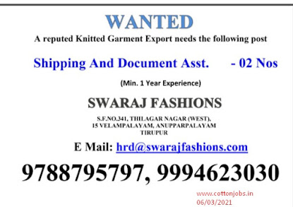 TODAY(06/03/2021) ALL TIRUPUR GARMENTS AND SNIPING MILL JOBS WANTED ...