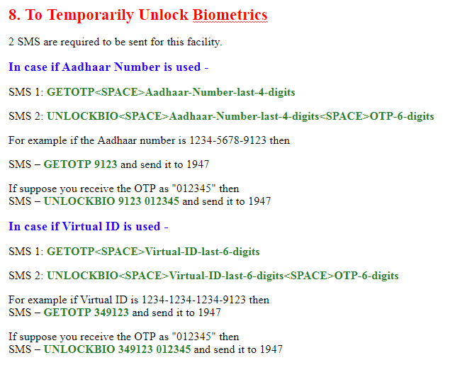 ZkeduFacts How do i Unlock Biometric Aadhaar Services by SMS via Mobile