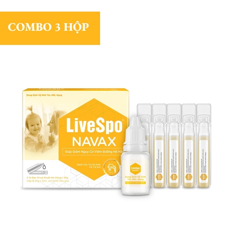 LiveSpo Navax Combo 3 hộp Dung dịch vệ sinh tai, mũi, họng – Dành cho trẻ sơ sinh và trẻ em Hộp 5 ống + 1 bình nhỏ giọt.