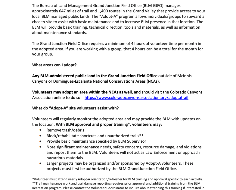 Western Colorado Climbers' Coalition Details on the BLM "Adopt A" Program