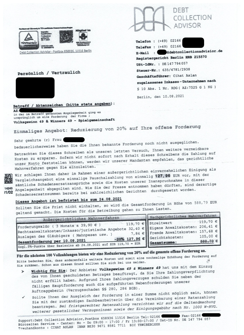 Debt Collection Advisor Forderung für „Volksgewinn 49 & Winners 49
