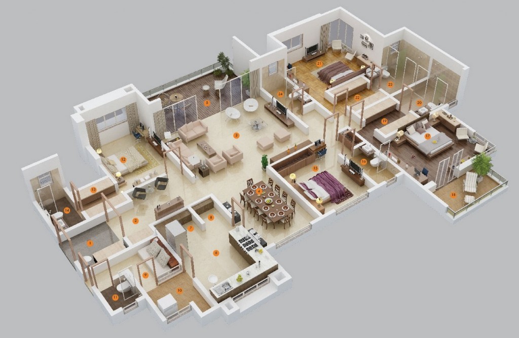 60 Planos de una casa moderna de una sola planta de cuatro dormitorios