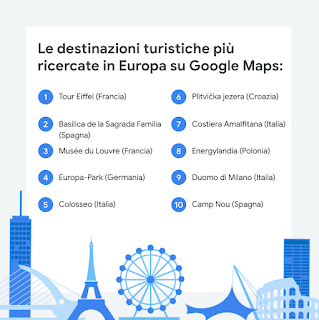 Infografica delle città più cercate su Maps in Europa.