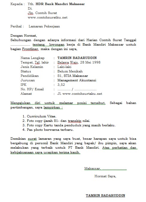 Contoh Surat Lamaran Kerja Untuk Bank Mandiri Terbaru MS ...