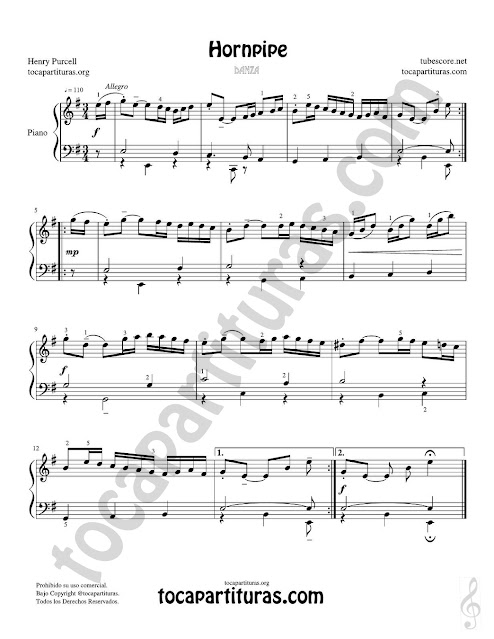 Partitura de Hornpipe para Piano con digitación (dedos en números) para estudio del periodo barroco Danza de Henry Purcell Piano Sheet music
