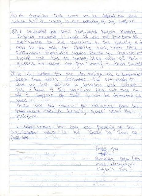 Miss Nollywood Nigeria 2016 Blessing Ogar Tenders Resignation Letter 
