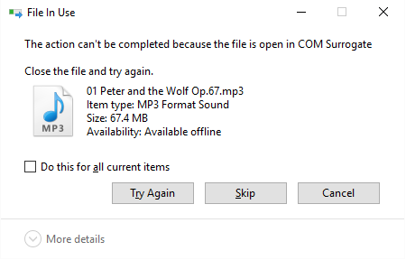 ファイルがCOMサロゲートで開いているため、アクションを完了できません