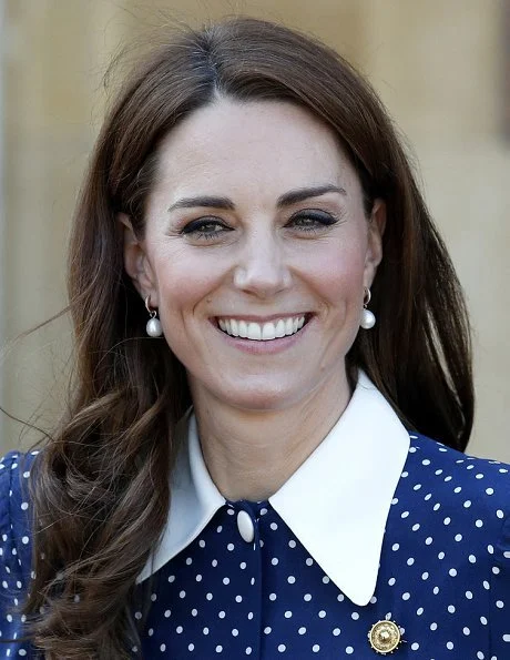 Kate Middleton Alessandra Rich pleated polka dot silk midi dress, Annoushka pearl and Kiki diamond hoop earrings