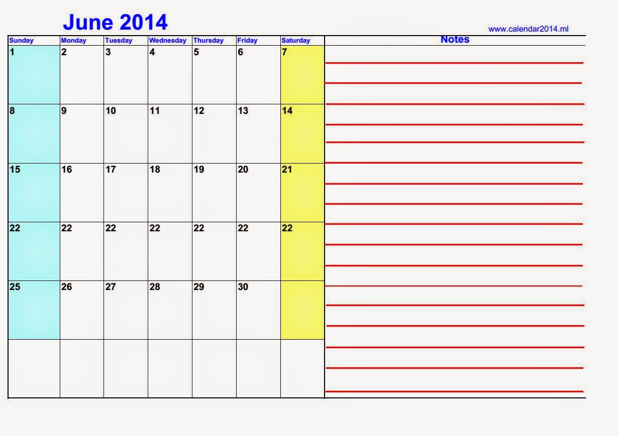 June 2014 with notes Blank calendar to print calendars kalendar