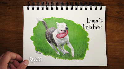 rescue mutt dog running frisbee flying disc acrylic painting