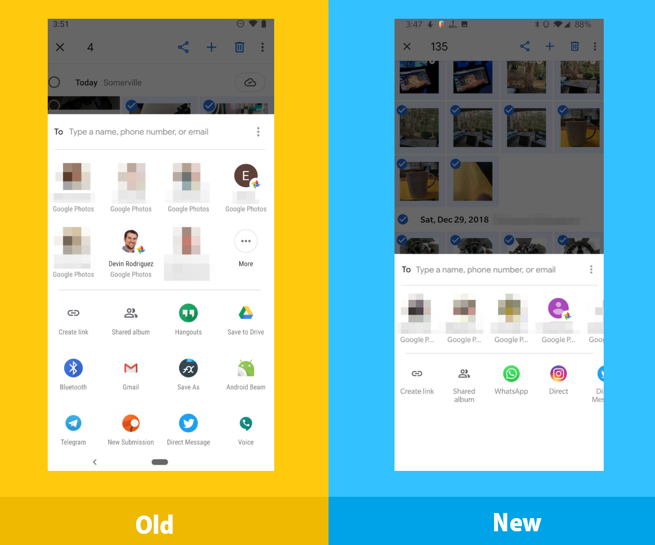 Google Photos tries on a new side-scrolling share menu for contacts and sharing menu 