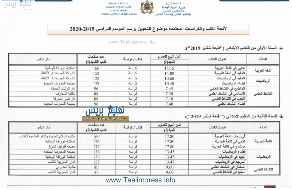 لائحة الكتب والكراسات المعتمدة موضوع التحيين برسم السنة الدراسية 2019 2020