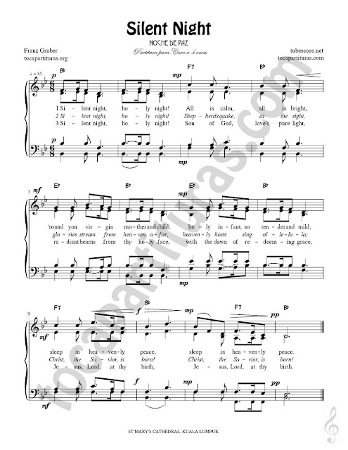 Partitura JPG gratis de Silent Night (Noche de Paz) Coro a cuatro voces SATB letra en inglés Choral SATB Sheet Music for 4 voice (soprano, alto, tenor, baritone)