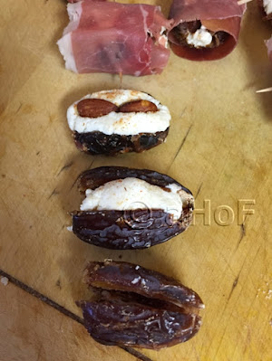 making stuffed dates, Prosciutto wrapping