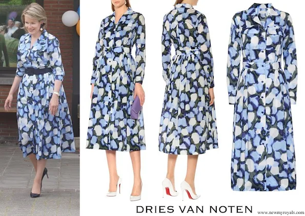 Queen Mathilde wore DRIES VAN NOTEN Printed cotton dress
