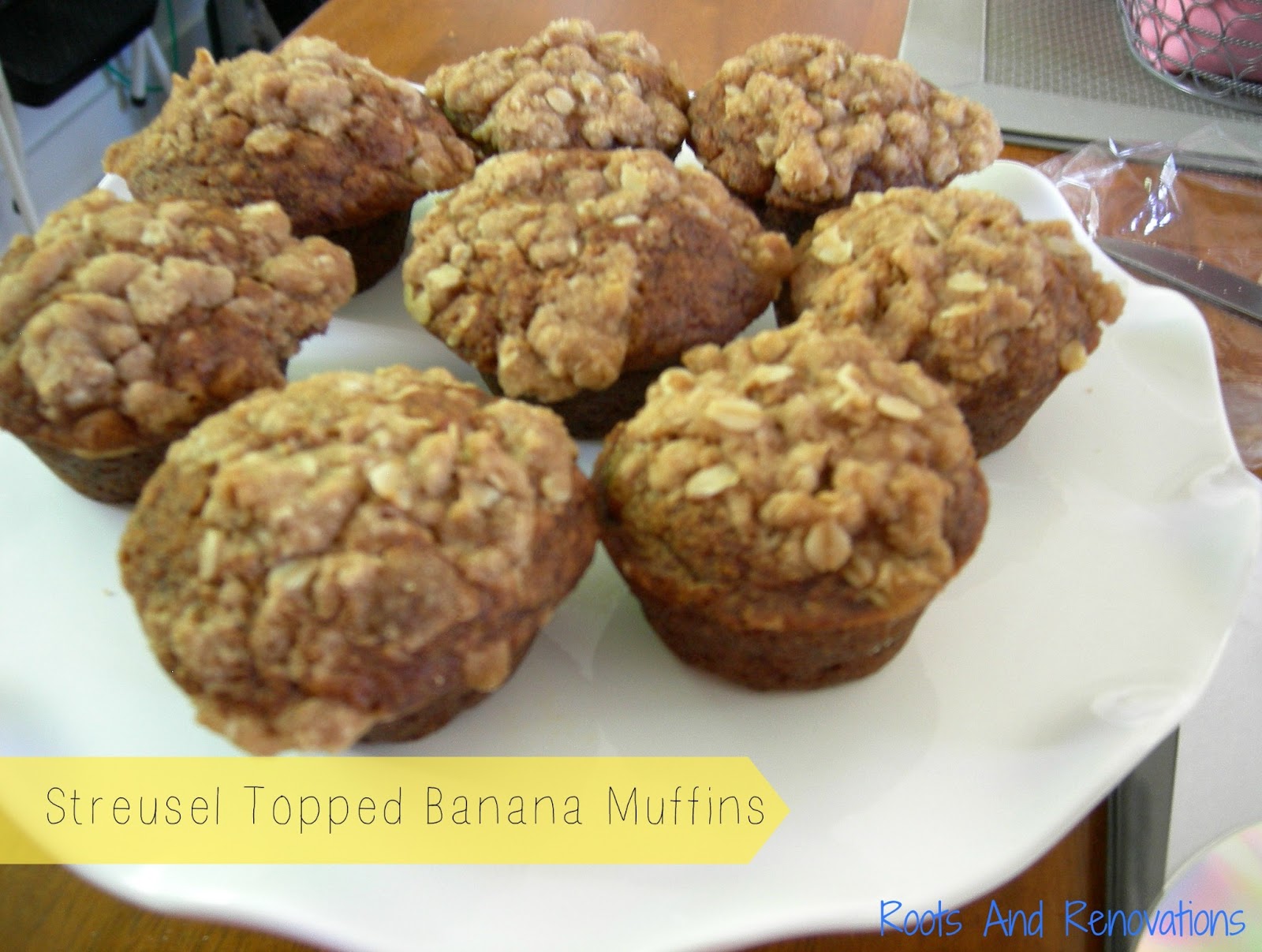 Perfectly Moist Streusel Topped Banana Muffins Roots And Renovations