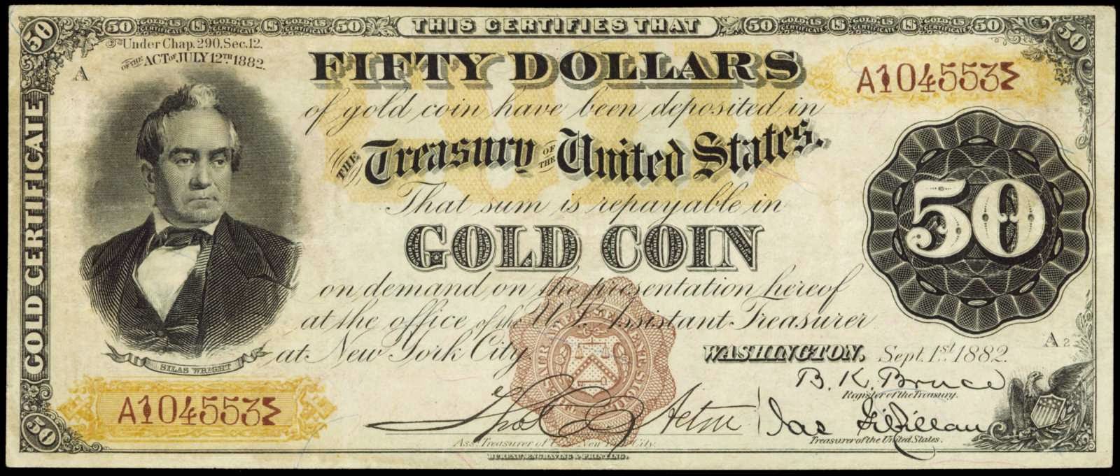 US currency money 1882 Fifty Dollar bill Gold Certificate Silas Wright