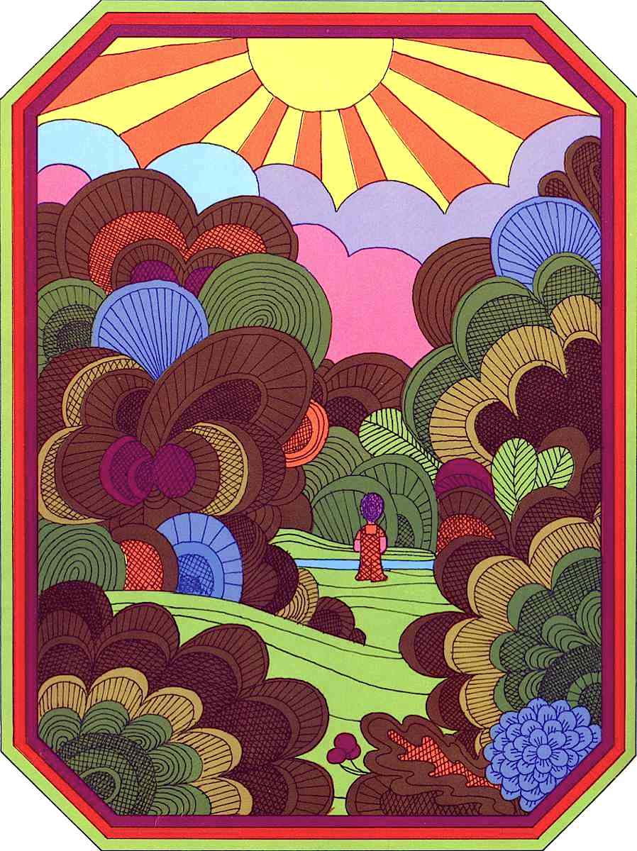 Nicolas Sidjakov illustration 1969 a 1969 Nicolas Sidjakov illustration of a boy wandering in psychedelic nature