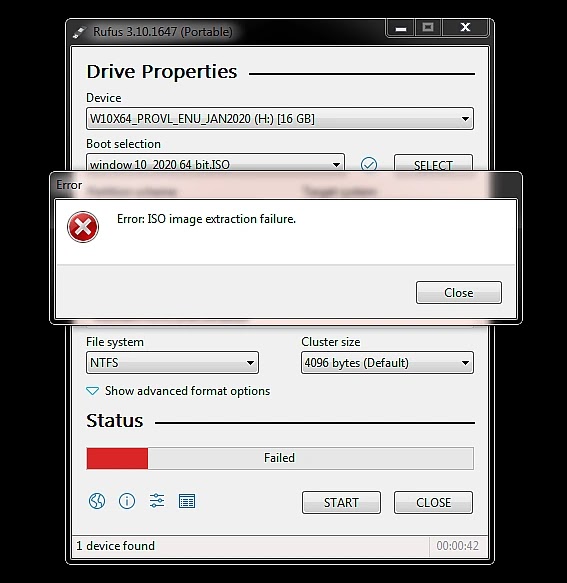 ISO image extraction failure.