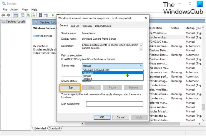 Установите для службы Windows Camera Frame Server значение «Автоматически».