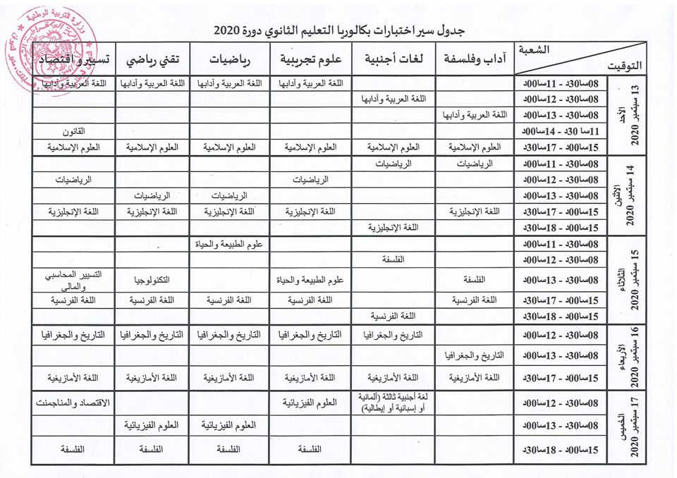 جدول سير اختبارات امتحان البكالوريا 2020 جميع الشعب جدول سير اختبارات امتحان البكالوريا 2020 جميع الشعب