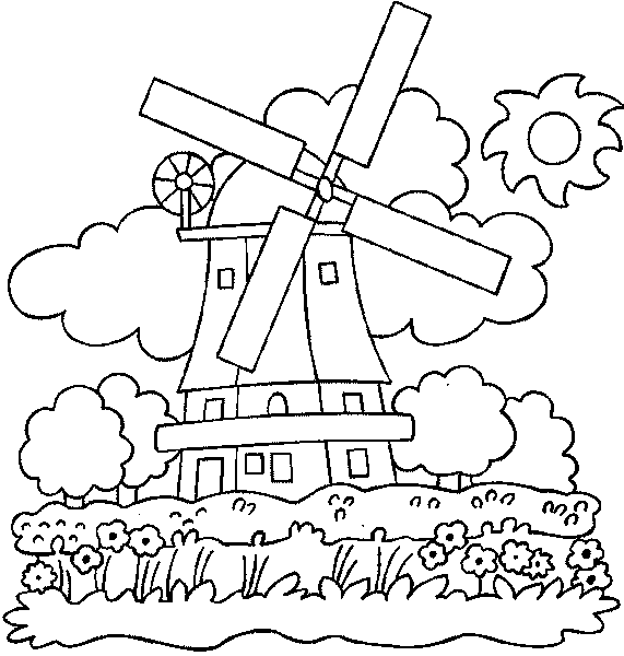 Dibujo de molino de viento para imprimir y colorear con los niños