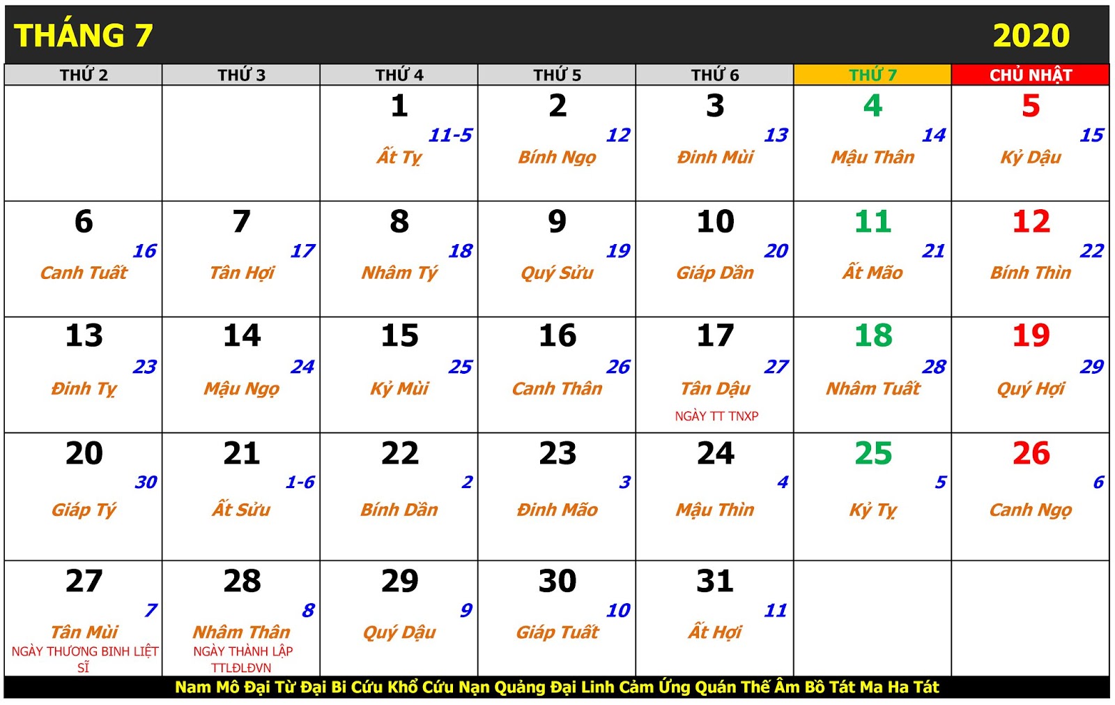 LỊCH VẠN SỰ THÁNG 7 NĂM 2020