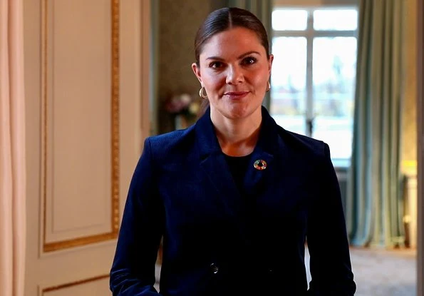 Princess Victoria wore a navy-blue suit by Dagmar. House of Dagmar Tuva cord blazer. Professor Claire Kremen