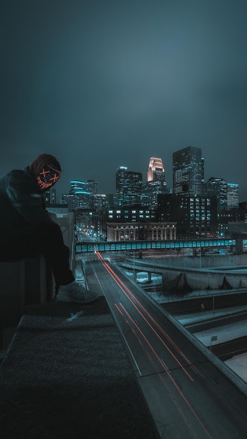 Alone Hoodie Guy, Mask, City, Roof, Night