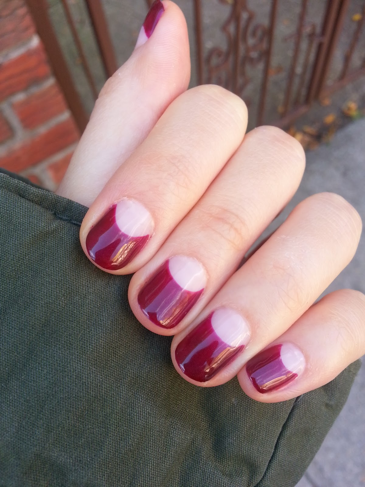 Gel nail art NYC 033 Half moon wine color deep french (example