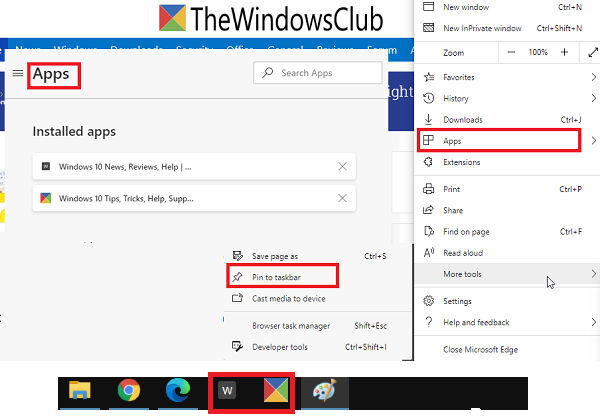 Aggiungi siti Web a Taskbar Edge Chromium