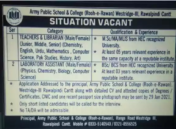 Latest Jobs in Pakistan Army Public School and College Rawalpindi Jobs 2022 | Teaching Jobs Latest