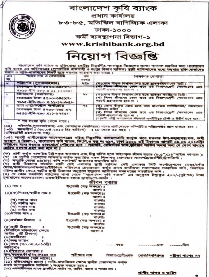 All Newspaper Jobs Bangladesh Krishi Bank, Position control Operator.