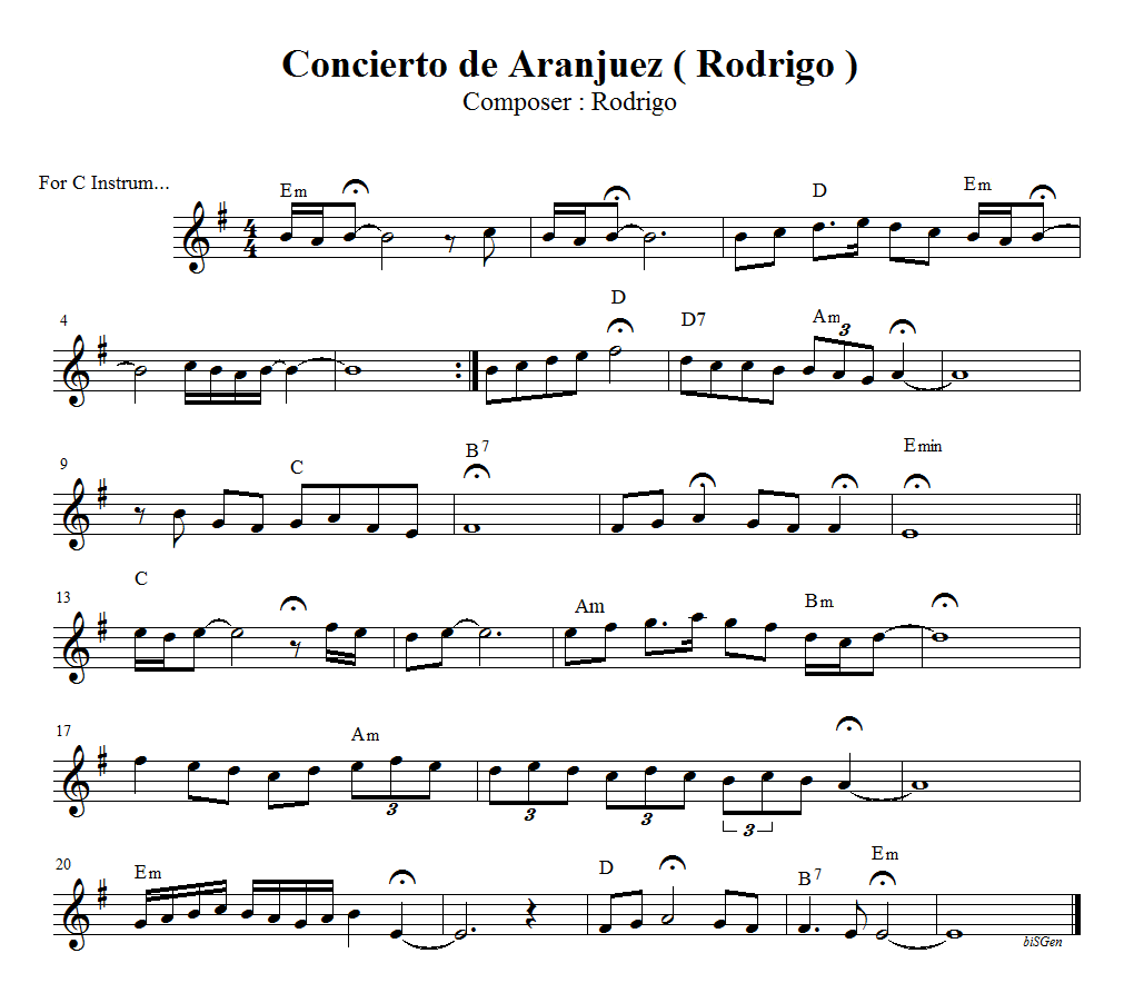 Rodrigo Concierto de Aranjuez Gitar Konçertosu Nota eşlik ( Flute