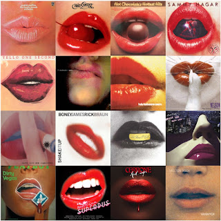Composite of 16 album covers featuring lips