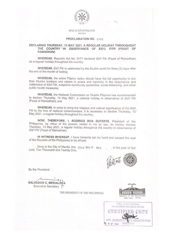 May 13, 2021 is Regular Holiday Declared by President Duterte 