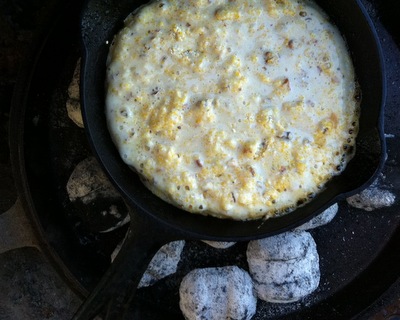 Southern Cornbread ♥ KitchenParade.com, here 'Campfire Cornbread' cooked in a Dutch oven over an open fire.