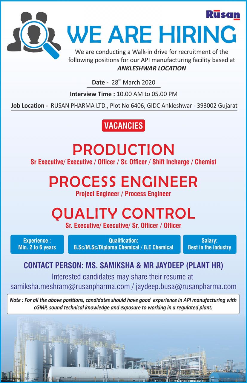 Rusan Pharma Ankleshwar walk in 28th March for Production QC Engineering check now