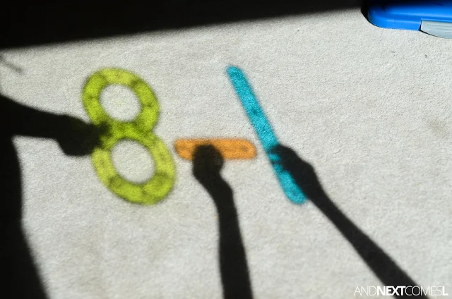 Practicing subtraction using natural light - fun math activity for kids from And Next Comes L