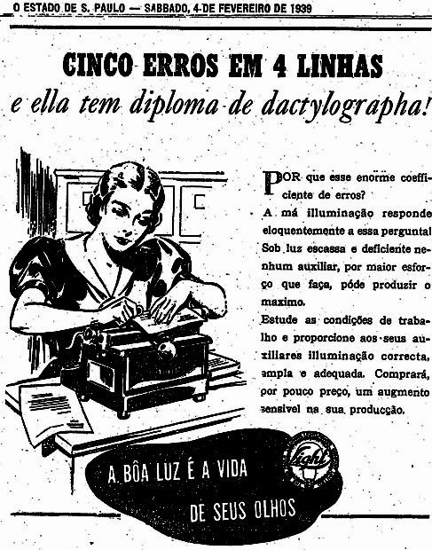 Propaganda da Light em 1939 para promoção da luz artificial em ambientes fechados.