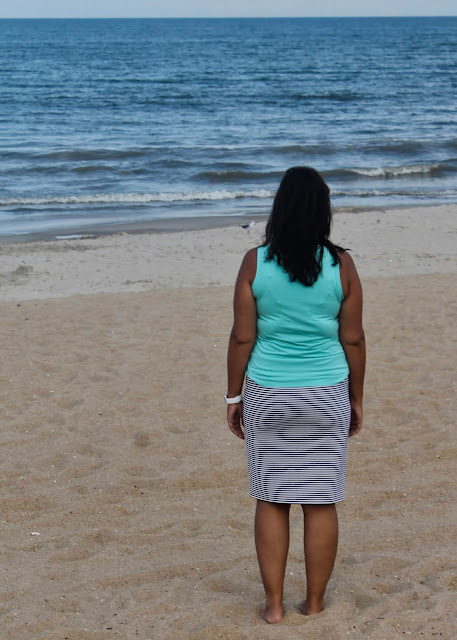 DIY striped knit skirt and v-neck tank top made from the Blank Slate Patterns Abrazo Tee pattern 