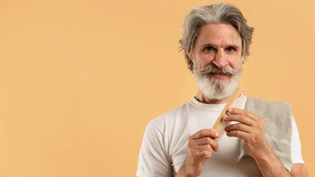 Front view of elder senior man holding comb