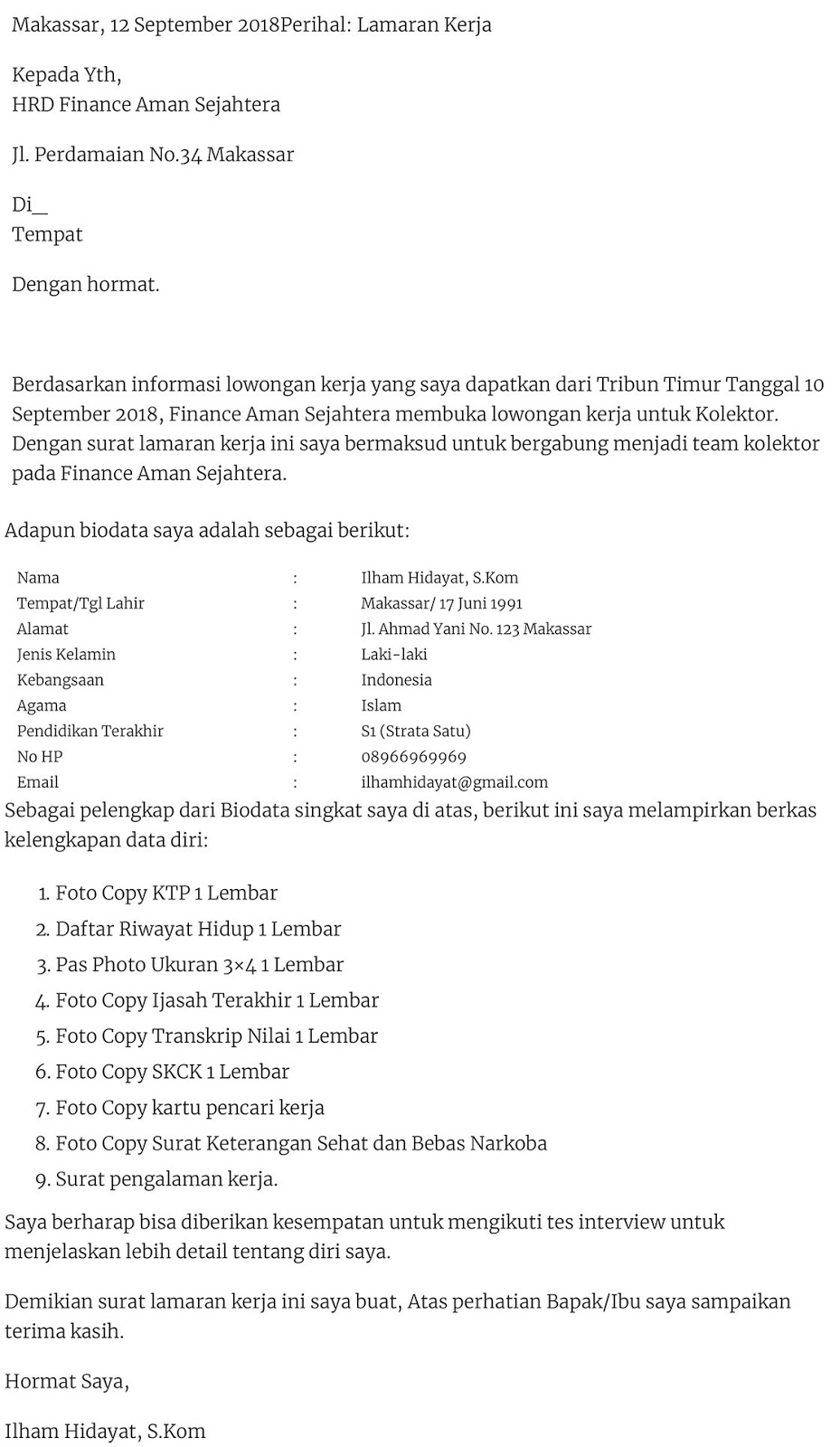 Contoh Surat Lamaran Kerja Lowongan Kerja Kalimantan Tengah